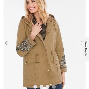 Chico's Tan Hooded Parka with Embroidered Cuffs